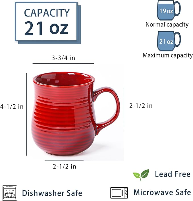 21 oz Large Ceramic Coffee Mugs, Pottery Mug Handmade, Ceramic Tea Cups with Handle for Office and Home, Dishwasher and Microwave Safe (Red)