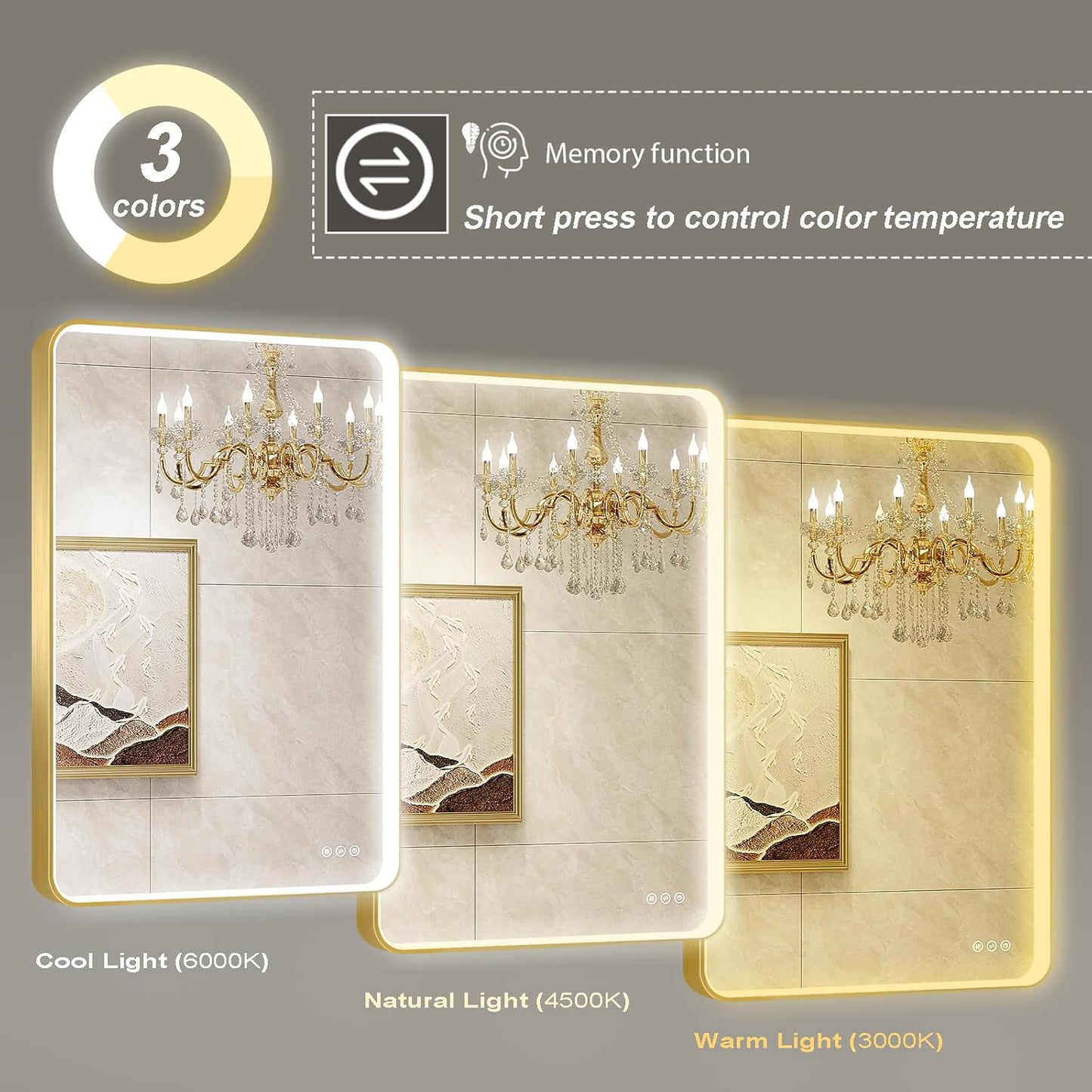 LED Mirror for Bathroom 24X36 Inch Gold Framed with Anti-Fog, Stepless Dimmable, Front Lit, LED Bathroom Vanity Mirror for Wall, Memory Function, Shatter-Proof