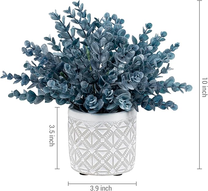 MyGift Artificial Eucalyptus Plant in Modern Gray Concrete Pots with Geometric Embossed Pattern (1, Blue)