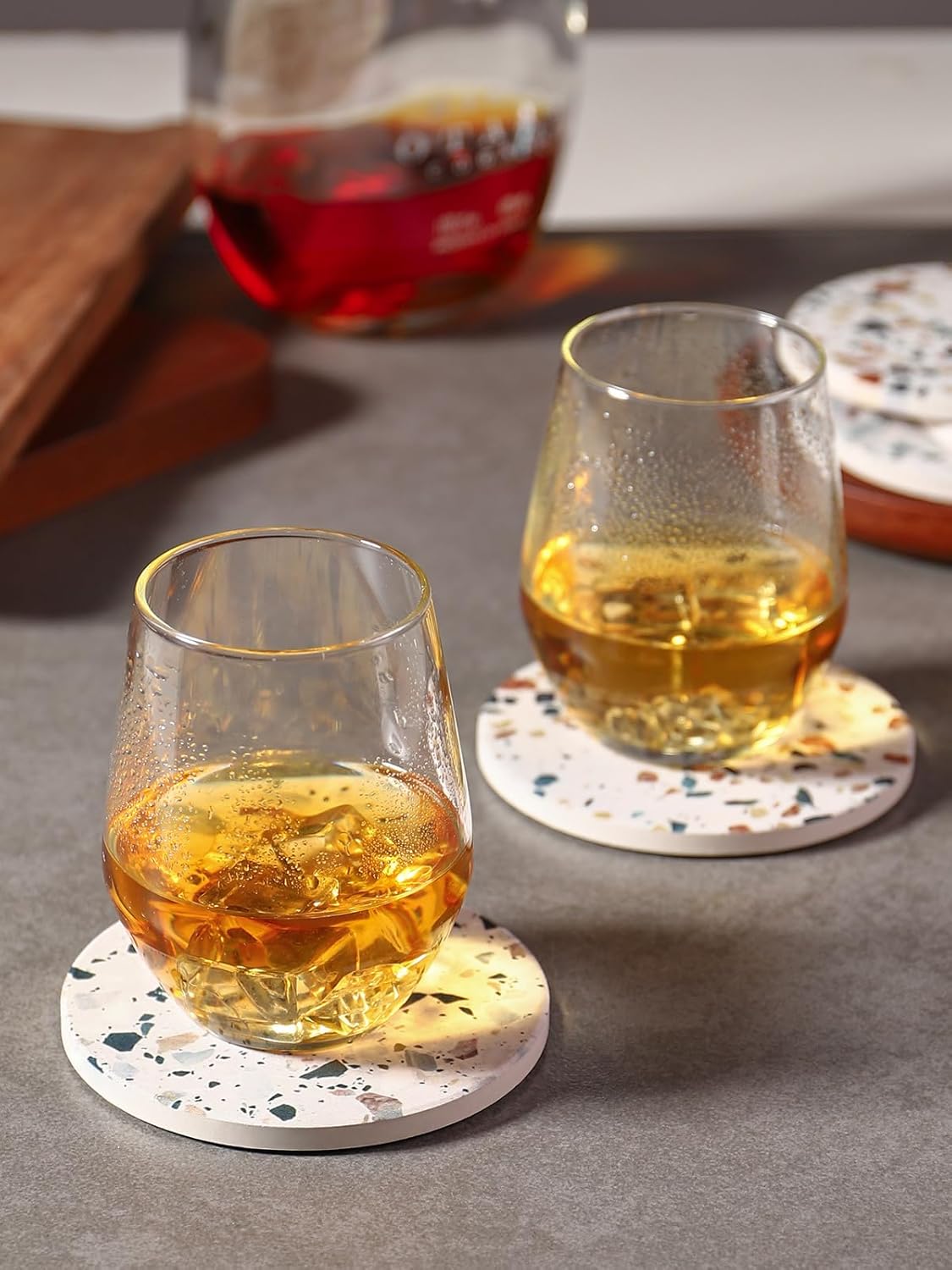 LIFVER Absorbent Drink Coasters with Holder, Set of 6 Ceramic Coasters Set with Cork Base, for Kinds of Drinking Glasses, 4 Inches Stone Coasters for Home Decor, White Elephant Gifts for Adults