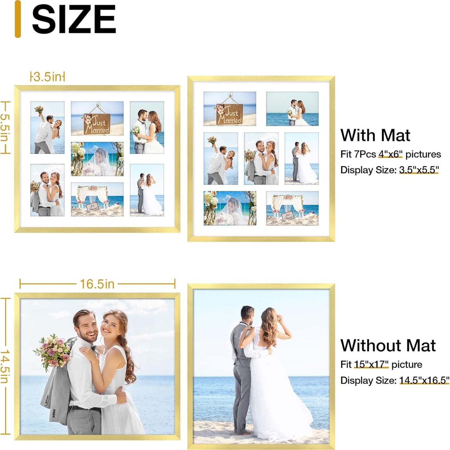 decorUhome 15x17 Picture Frames Collage Wall Decor, Display 7Pcs 4x6 Photos with Mat or 1Pcs 15x17 Unmatted, 7 4x6 Collage Picture Frames for Wall Mounting, Gold