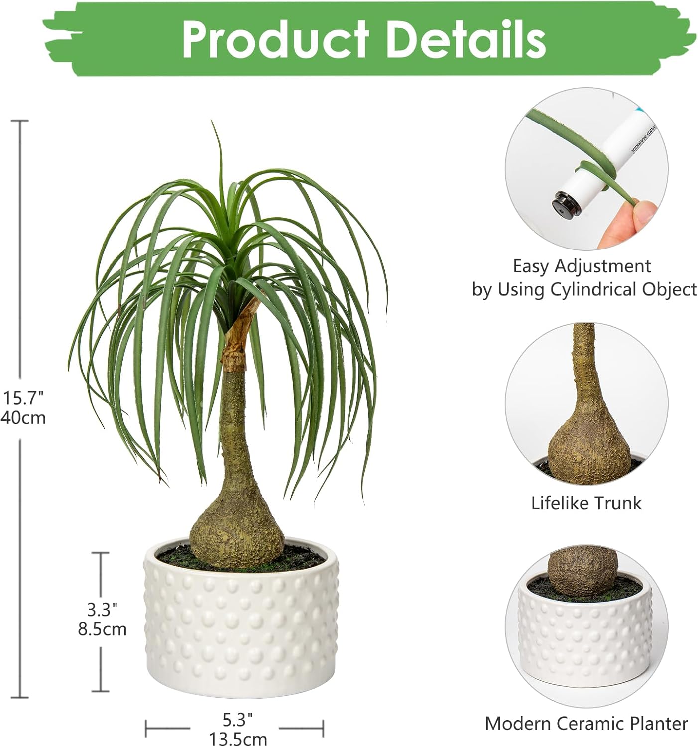 Hollyone Fake Plants Artificial Potted Plants Artificial Ponytail Palm Plant in Pots Faux Bonsai Plants for Office Table Desk Shelf Bathroom Bedroom Greenery Decoration Room Indoor Home Decor