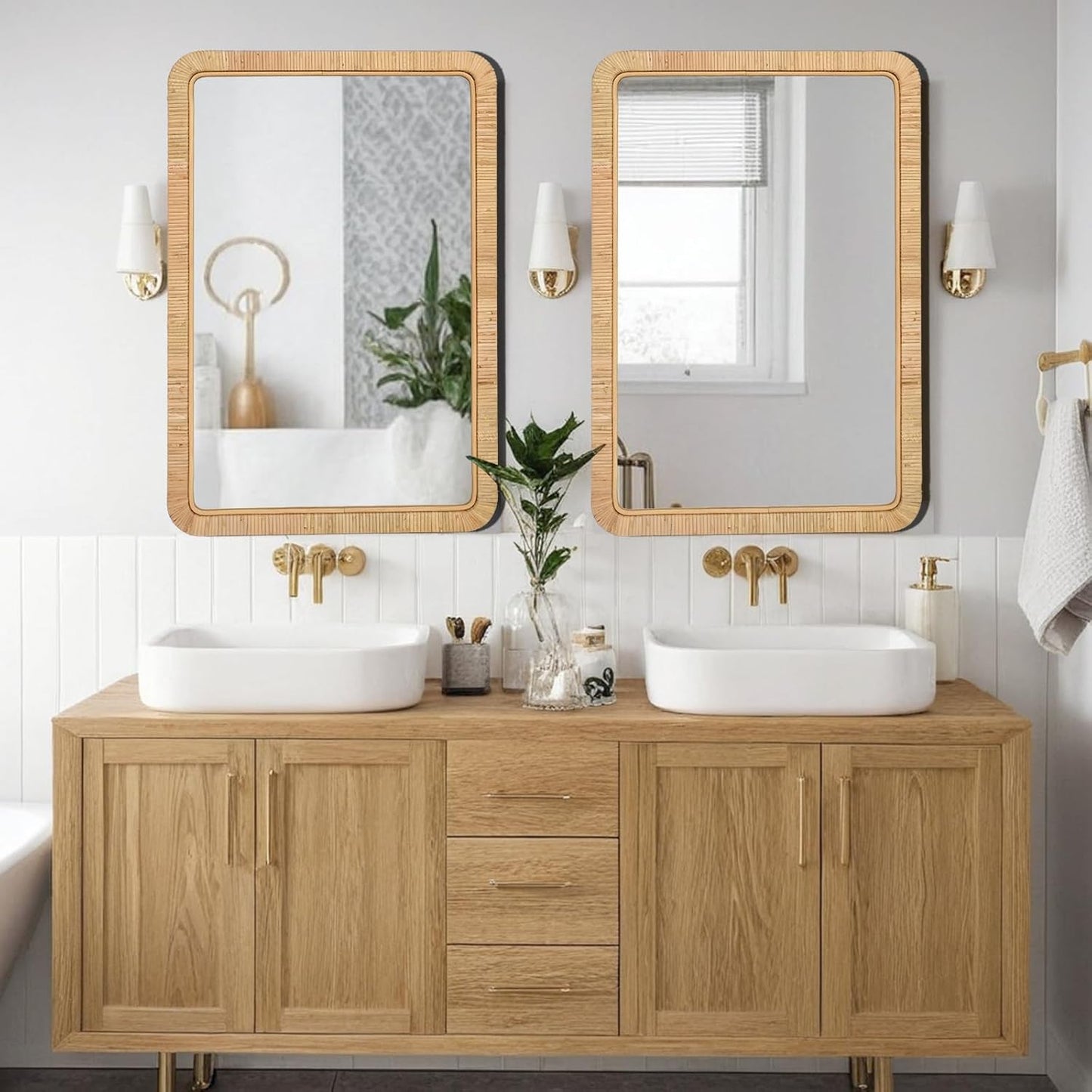 FUIN 24"x36" Rattan Wall Mirror, Natural Wicker Rectangle Bathroom Vanity Mirror, Hanging Boho Decorative Mirror for Farmhouse, Entryway, Bedroom, Living Room, Horizontal Vertical Mount