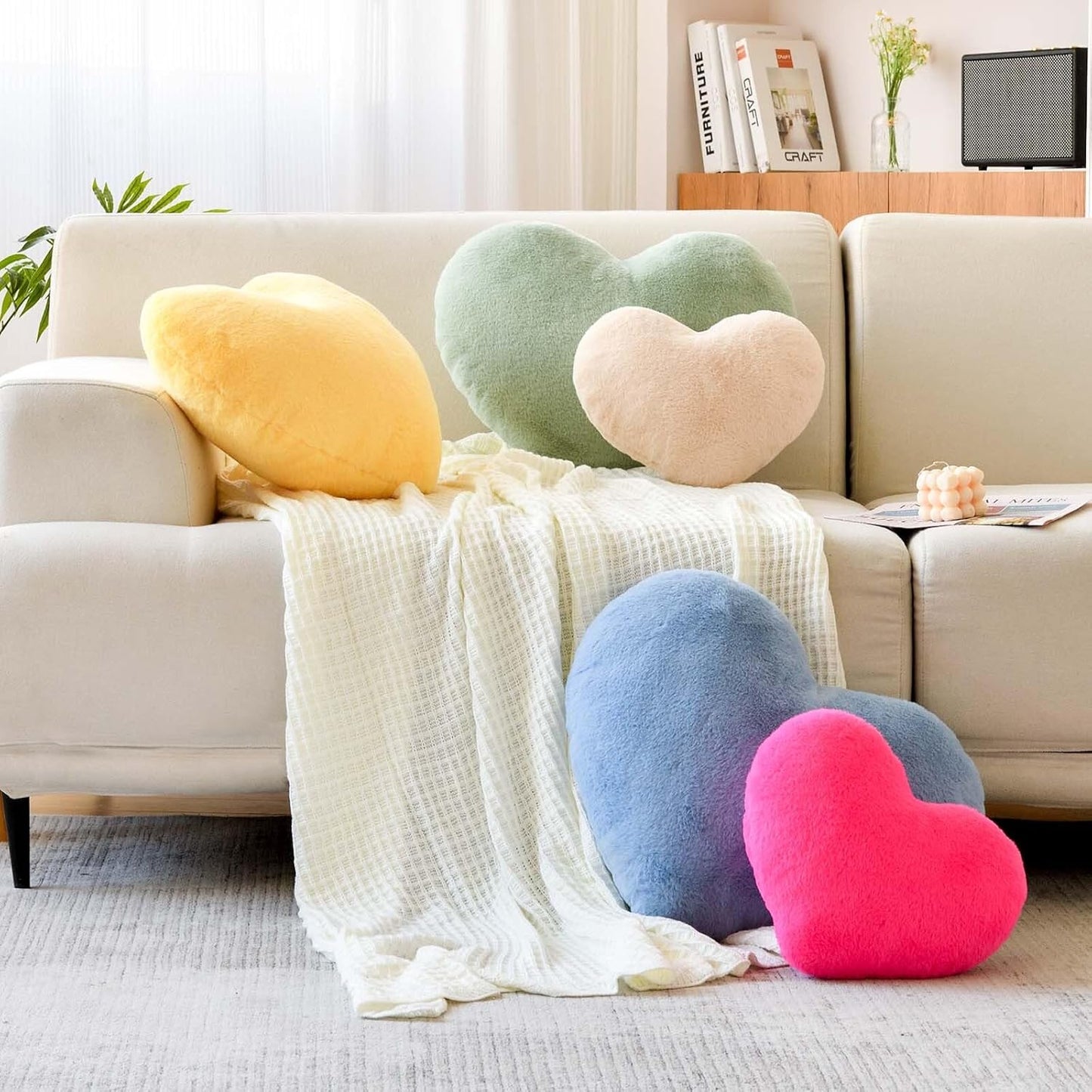 Dusty Blue Heart Pillows, Cute Heart Decorative Pillow, Heart Shaped Throw Pillows for Bed, Faux Rabbit Fur Plush Hoom Decor Pillow Cushion for Chair Sofa Living Room (Medium-15.7"x11.8")