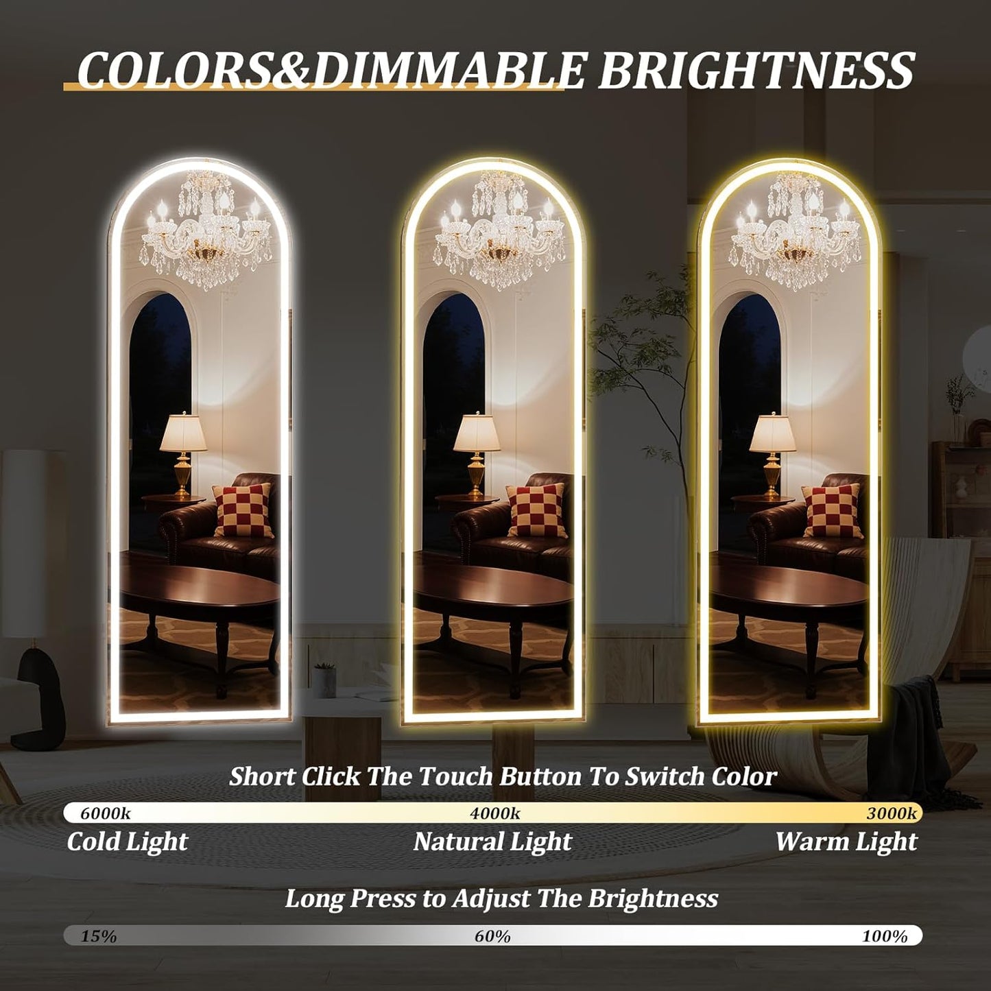 LED Arched Full Length Mirror with Lights 63"x20" - Lighted Floor Mirror with Dimming & 3 Color Lighting, Aluminum Frame Standing Leaning or Hanging for Bedroom Cloakroom White