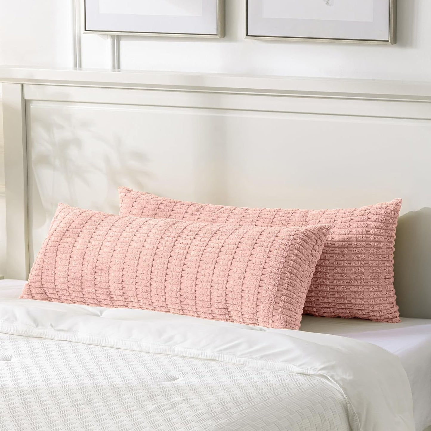Fancy Homi Blush Pink Long Body Lumbar Lumbar Decorative Throw Pillow Covers 14x36 Inch for Bed Couch Bedroom Bench, Soft Corduroy Rectangle Solid Pillow Case, Rustic Farmhouse Boho Room Decor