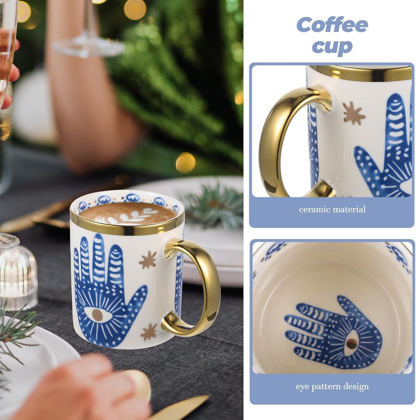 Evil Eye Ceramics Coffee Mugs 12oz Perfect for Cappuccino Latte Tea Beer Hot and cold drinks, Coffee Cups for home and office, Dishwasher Safe (Palm)