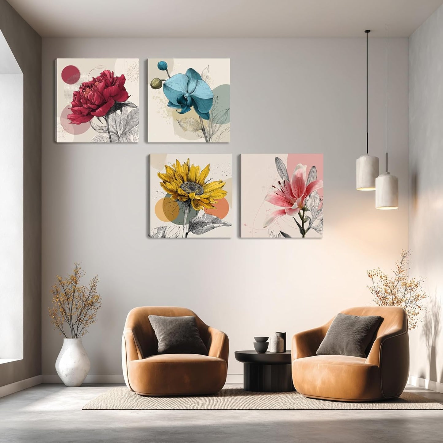 Framed Botanical Wall Art for Living Room Rustic Boho Floral Canvas Paintings Prints Flower Pictures for Farmhouse Hallway Bedroom Dining Room Bathroom Office Wall Decor ArtWork for Wall