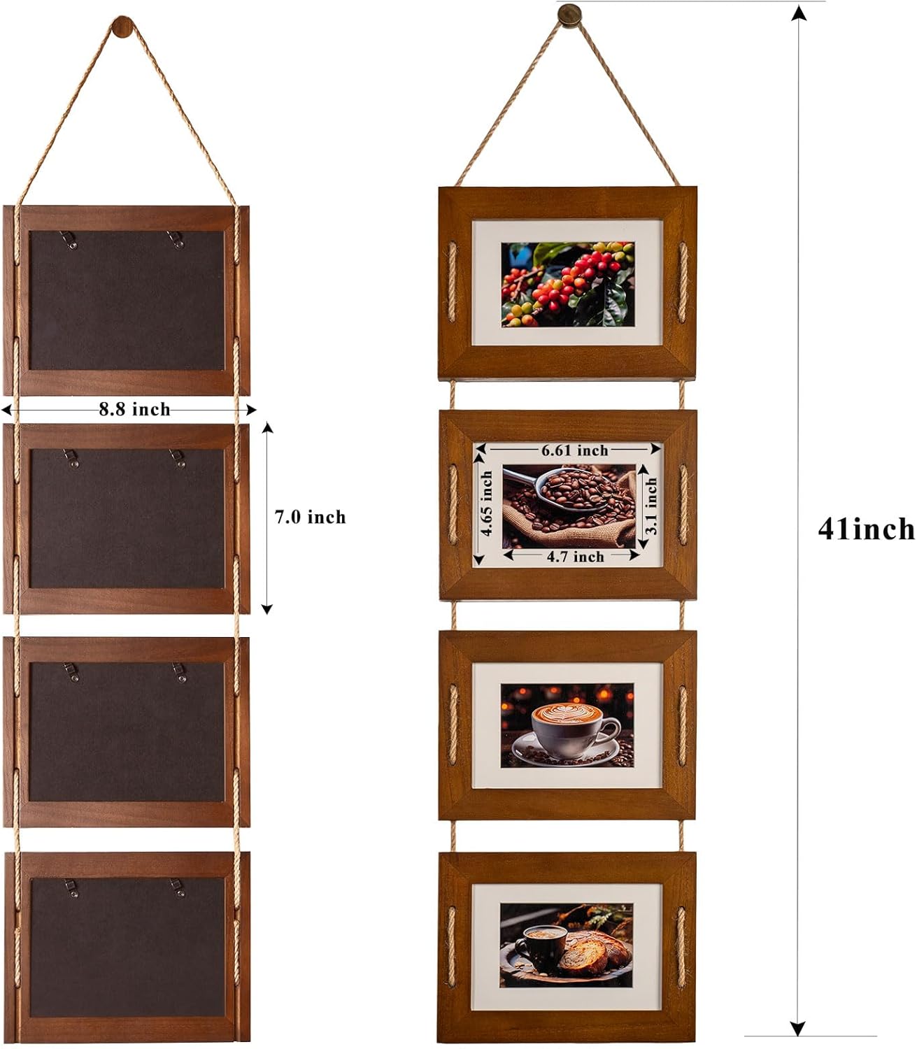DLQuarts 5x7 Hanging Collage Picture Frames Wall Decor, 4-Opening 5x7 Matted to 3.5x5 Photo Rustic Wood Frame with Hemp Rope, 1 Pack, Dark Walnut