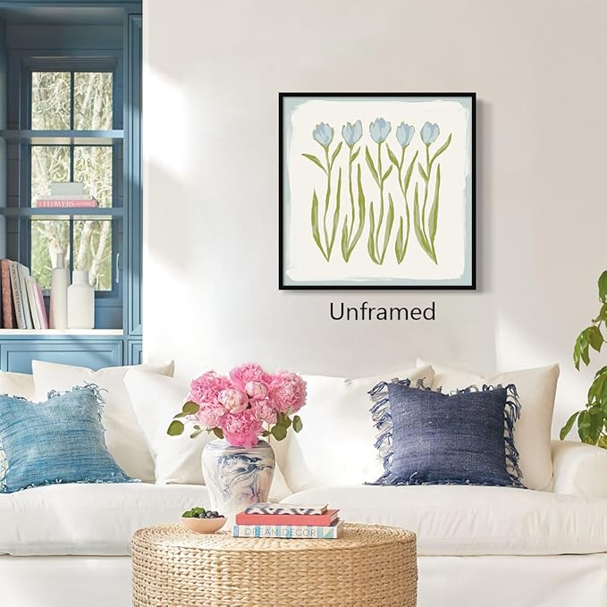 Tulip Flower Canvas Wall Art, Blue and Green Floral Aesthetic Poster, Watercolor Chinoiserie Art Print, Modern Southern Grandmillennial Botanical Picture Painting for Wall 16x16in Framed