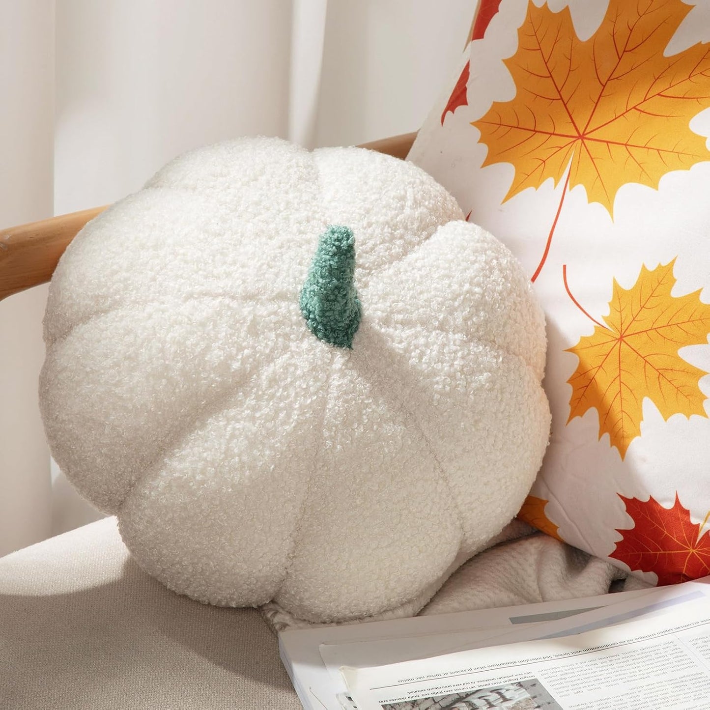 Kajaia 1 Pcs Simulated Pumpkin Pillow Plush 11 x 9.5 Inch 3D Cushion Fall Decorations Stuffed Throw Pillows Toy for Thanksgiving Christmas Halloween Bedroom Sofa Couch Supplies (White)