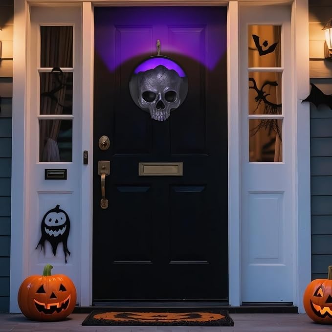 WONDER GARDEN 7.68 inch Halloween Skull Hanging Wall Decorations Light up Resin Purple Gothic Skeleton Halloween Creepy Sculptures for Indoor Outdoor Office Horror Home Wall Decor