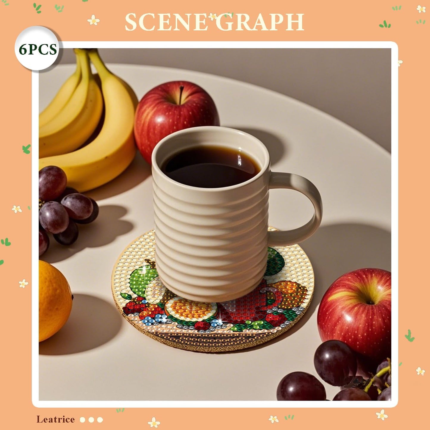 Leatrice Diamond Art Coasters Set of 6, Small Diamond Painting Kits for Adults Beginners Women, Funny Arts Supplies for Kitchen Decor Grape