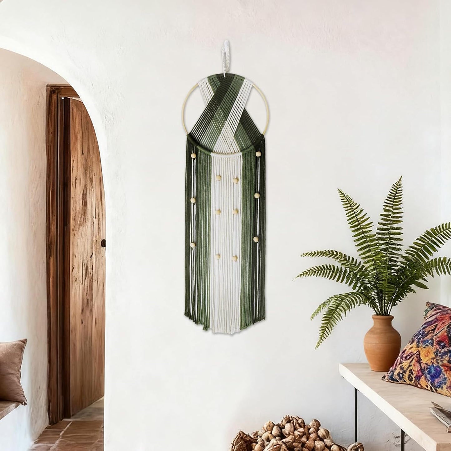 LB Boho Macrame Wall Hanging - Green and Beige Handmade Cotton Woven Decor, Modern Geometric Bohemian Tapestry Wall Decor for Bedroom Living Room Home (31.5"x9.84") Nature-Inspired Room Decor
