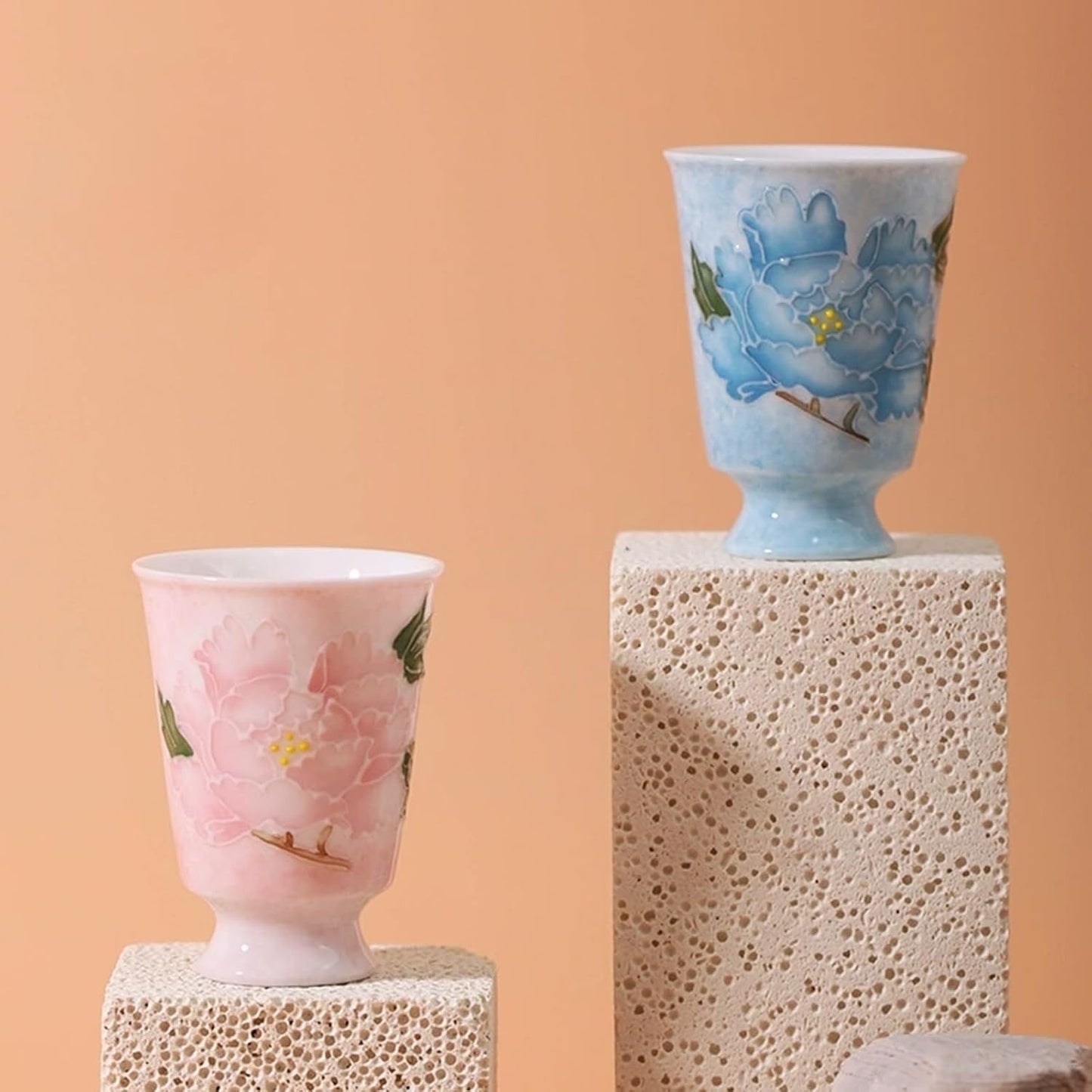 KAMMAK Ceramic Tea Cups Small, Cute Vintage Coffee Cup Set of 2, Porcelain Teacups Espresso Mug, 1.7oz Hand Painted Chinese Afternoon Tea Party Mugs, Birthday Gift for Women Men, Hand-Piled Peony