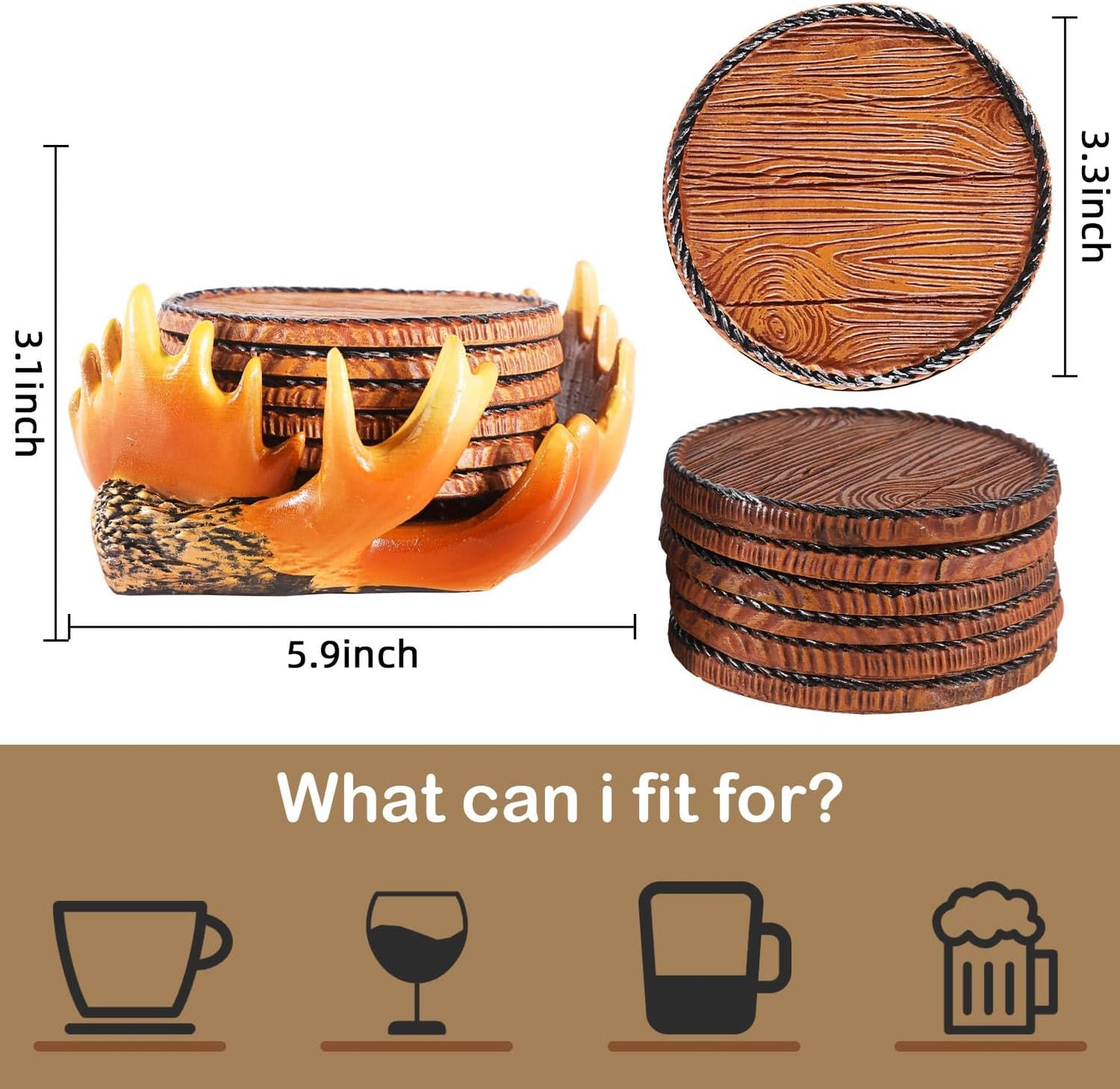 Deer Antler Coasters - 6 Full-Size Rustic Wooden Coasters | Non-Slip for Log Cabin, Hunting, Man Cave, Bar & Farmhouse Decor | Protect Furniture