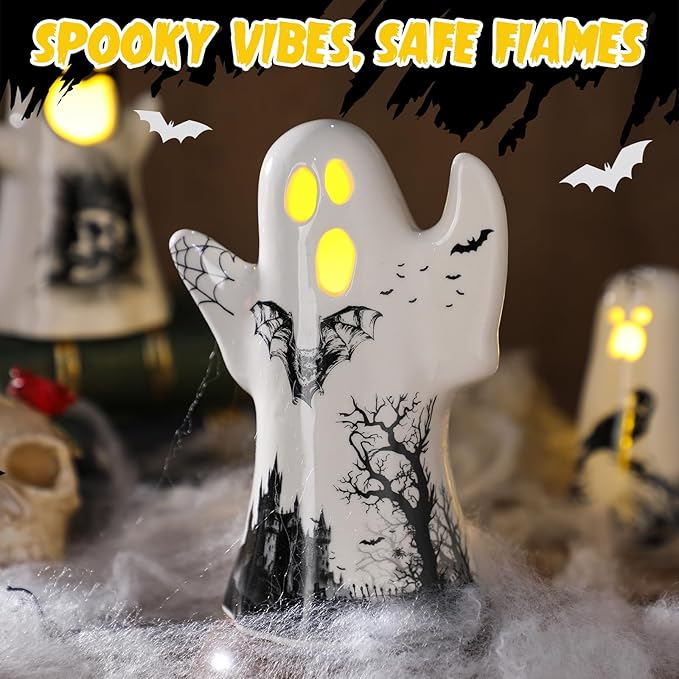 3 Pcs Ceramic Ghost Light up Decor Halloween Spooky Ghost Skull Decorations Indoor Gothic Vintage White Spider Web, Crow Raven Tabletop Decorations for Home Figurines Holiday Party