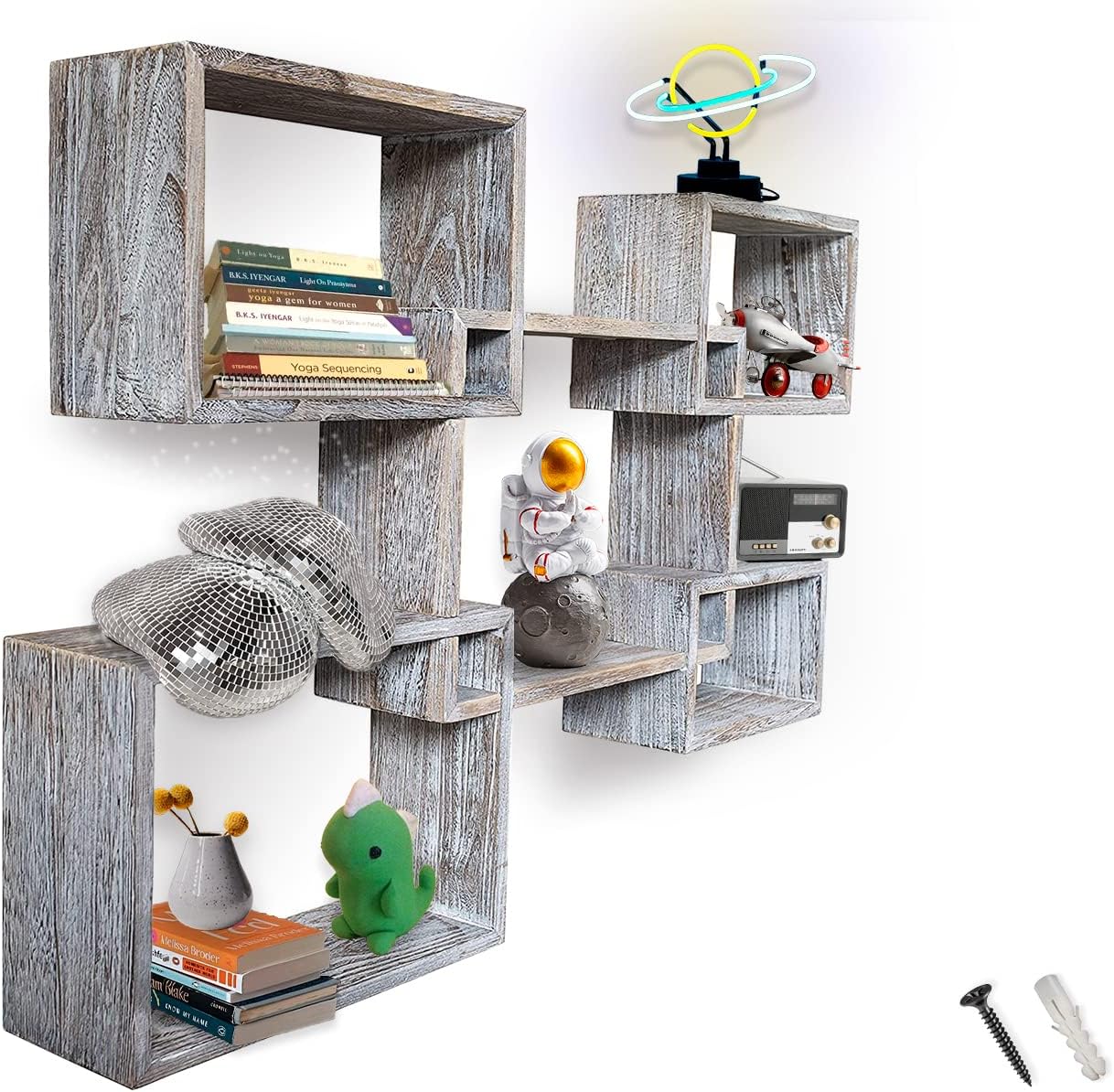 Comfify Rustic Wall Mounted Square Shaped Floating Shelves – Set of 5 Square Shelves for Bathroom, Bedroom, Living Room & More – Wall Decor Display for Home - Distressed White