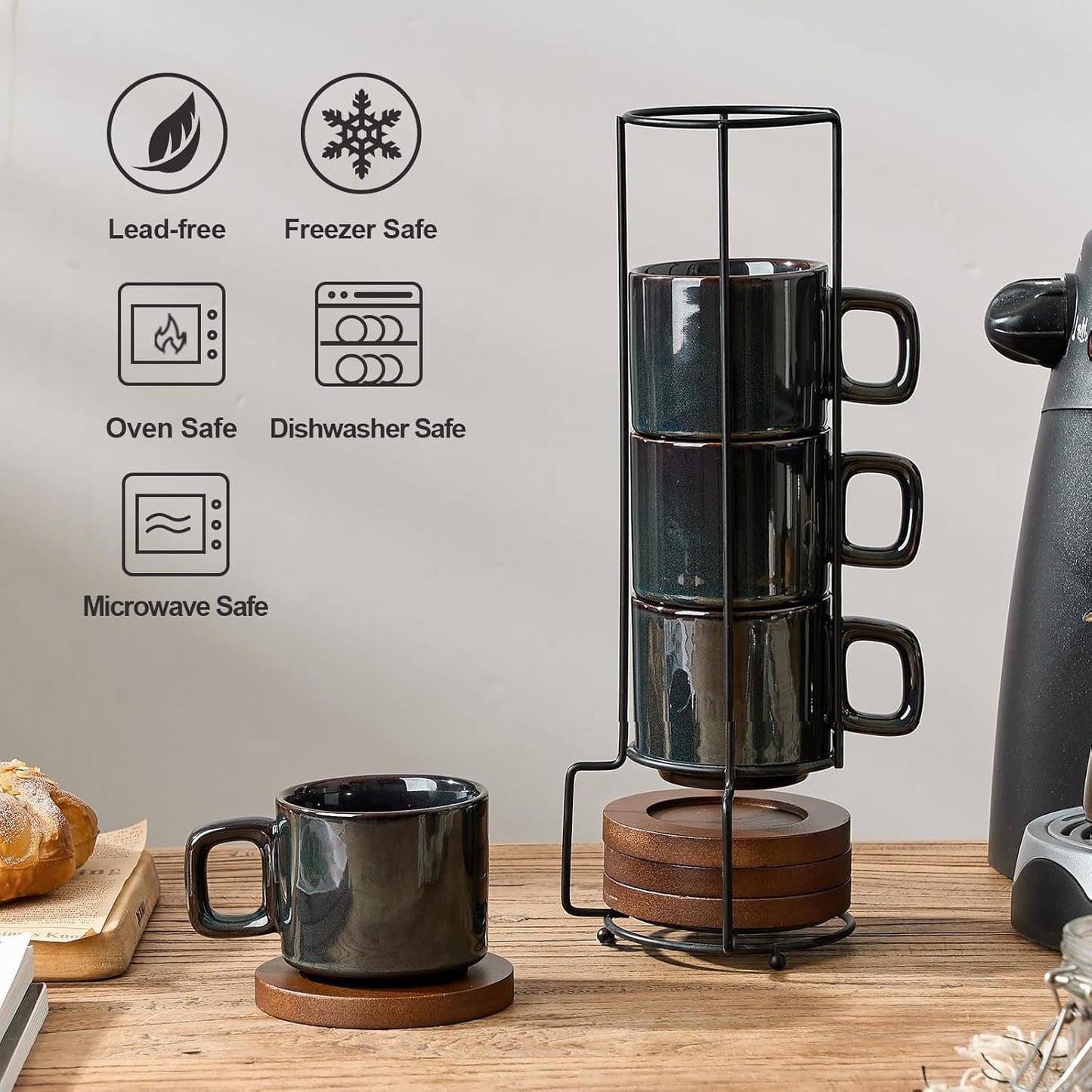 LUKA Porcelain Stackable Espresso Cups with Saucers and Metal Stand, 4 Ounce Small Ceramic Demitasse Cups Set for Latte, Specialty Coffee Drinks, Cafe Mocha,Tea - Set of 4, Reactive Dark Green