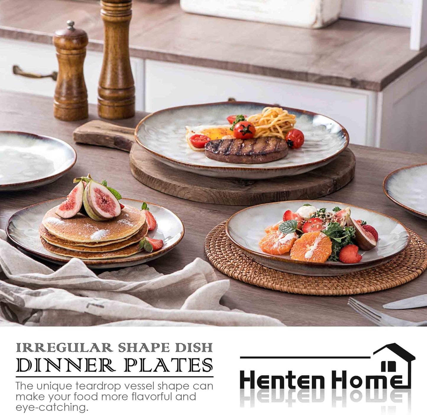 Henten Home Ceramic Dinner Plate Set, 11 Inch Porcelain Pizza, Pasta, Salad Plates, Irregular Shape Steak Plates Set of 4, Stoneware Serving Dishes for Kitchen (White)
