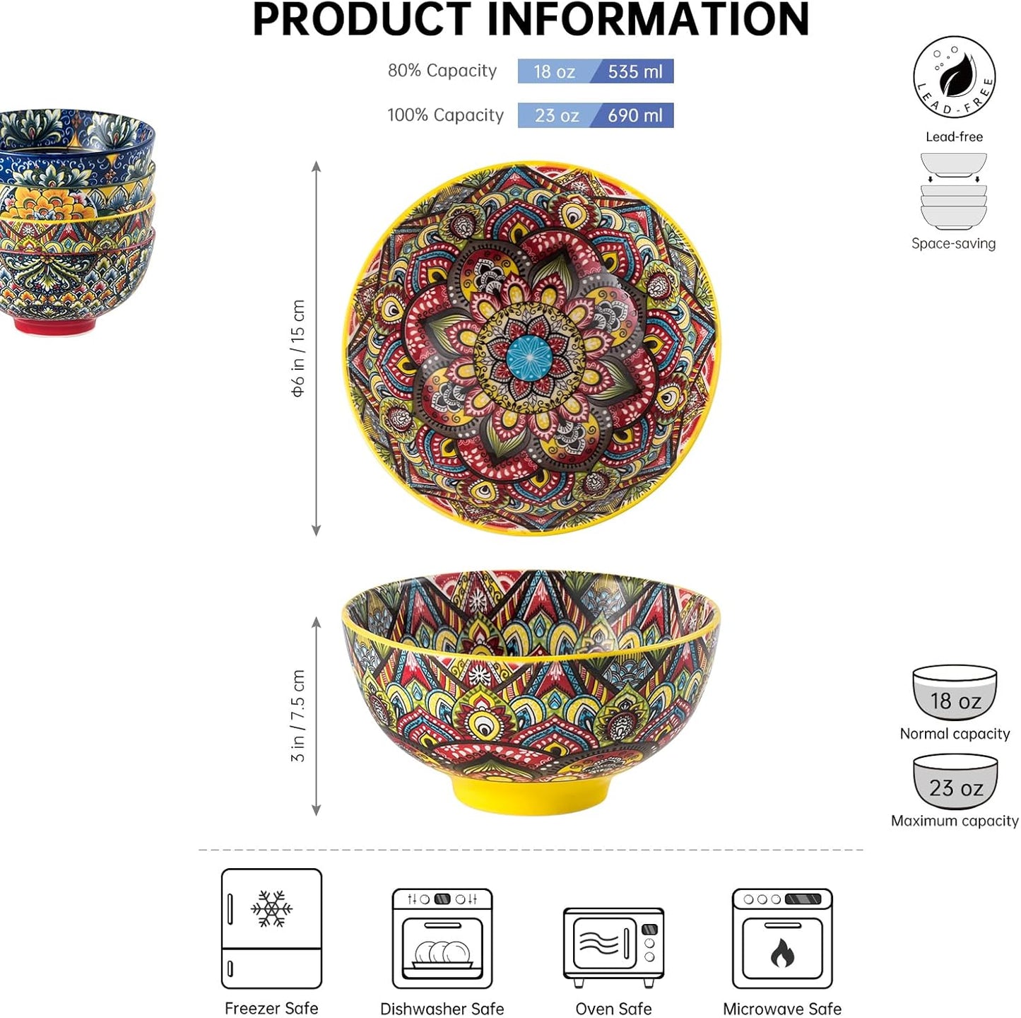 Henten Home Ceramic Soup Bowls Set of 4, Bohemia 23 oz Cereal Bowls Set, Porcelain Serving Bowls for Dinner, Salad, Pasta, Fruit, Decorative, Microwave & Dishwasher Safe