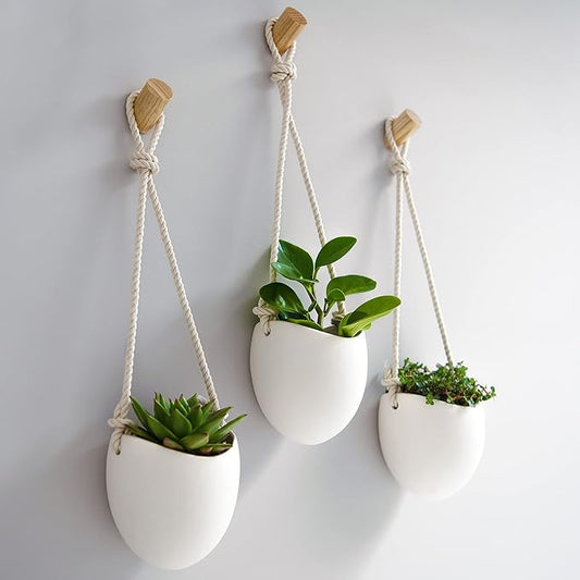 Kazai.® | Porcelain Wall Vases | 3 Piece Set | Including Wooden Hooks | Matte White