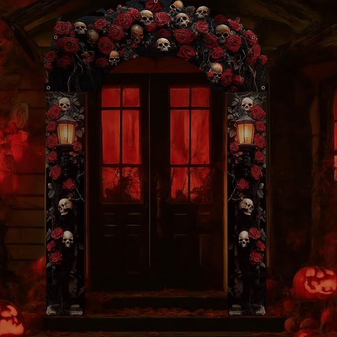 3 Pcs Halloween Cemetery Archway Halloween Cemetery Banners Gothic Outdoor Banners Sign Banner Decorations for Outdoor Party Supplies (Skull Rose)