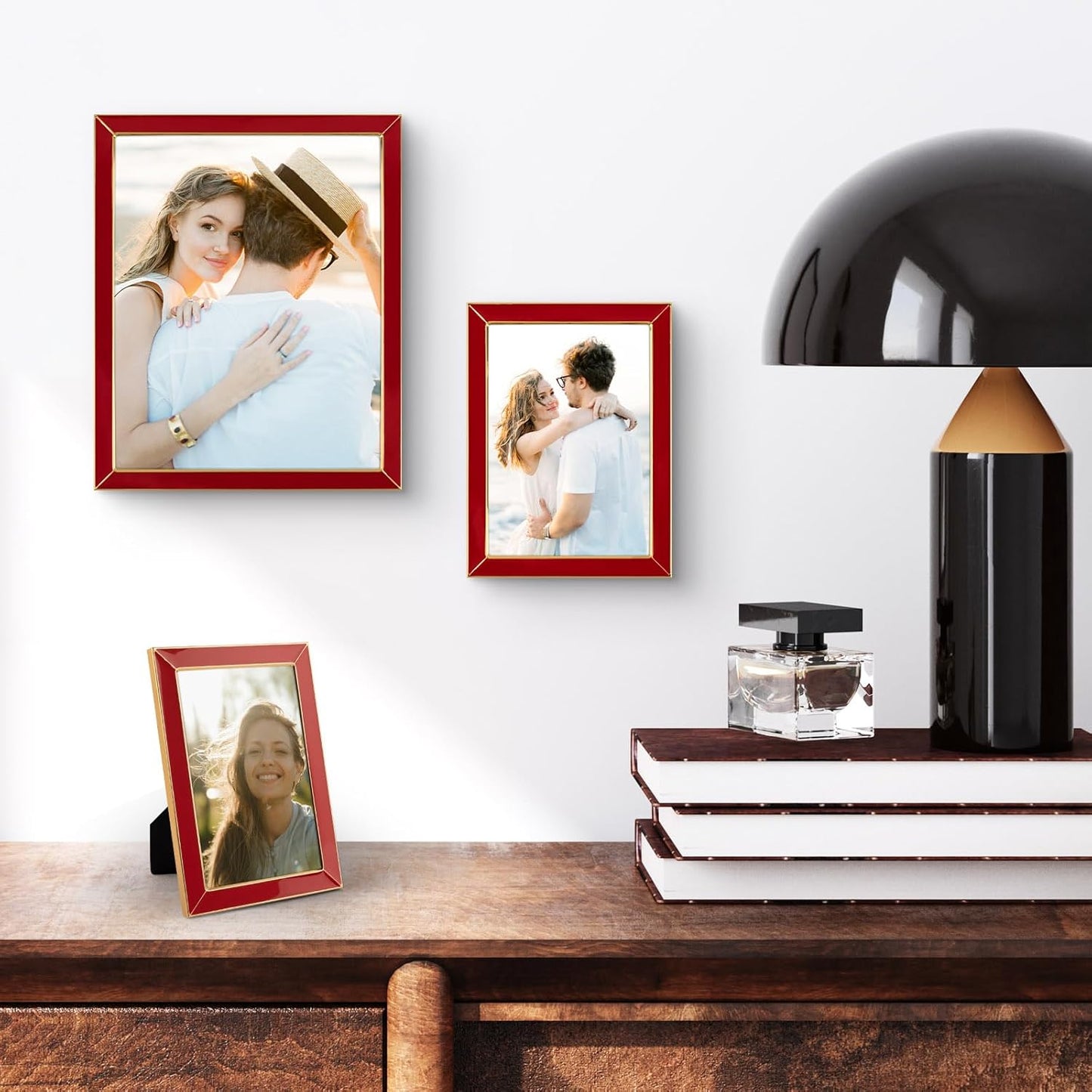 Frametory Enamel Picture Frame - 8x10 Gold Metal Edge Red Enamel Picture Frame With Easel and Velvet Back for Tabletop Display, Bookshelf, 8x10 Wall Decoration, Photo Frames-2 Set