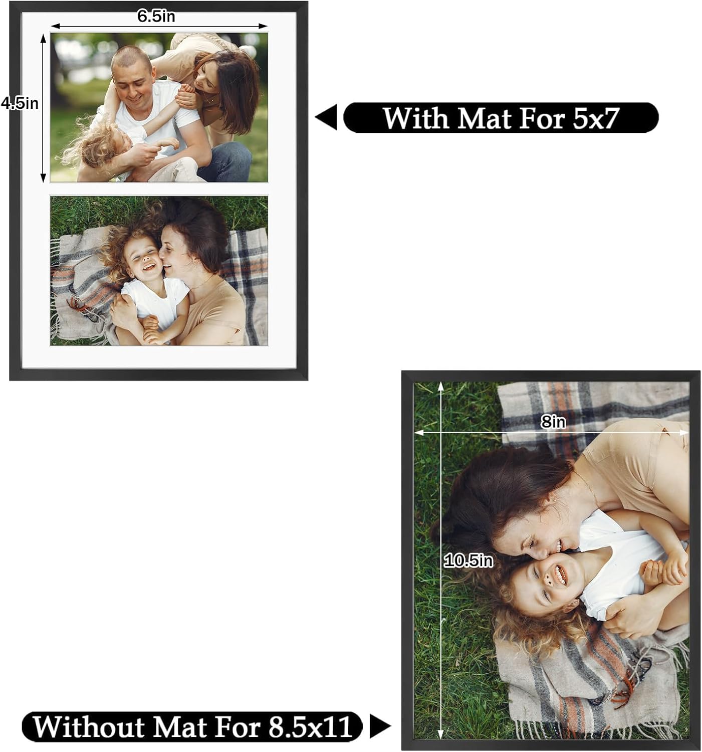 Frametory - 8.5x11 Aluminum Collage Picture Frame - Display 5x7 Pictures with 2 Openings Mat - Real Glass Front - With Easel Stand for Horizontal/Vertical Wall Mount - Black 1 Pack