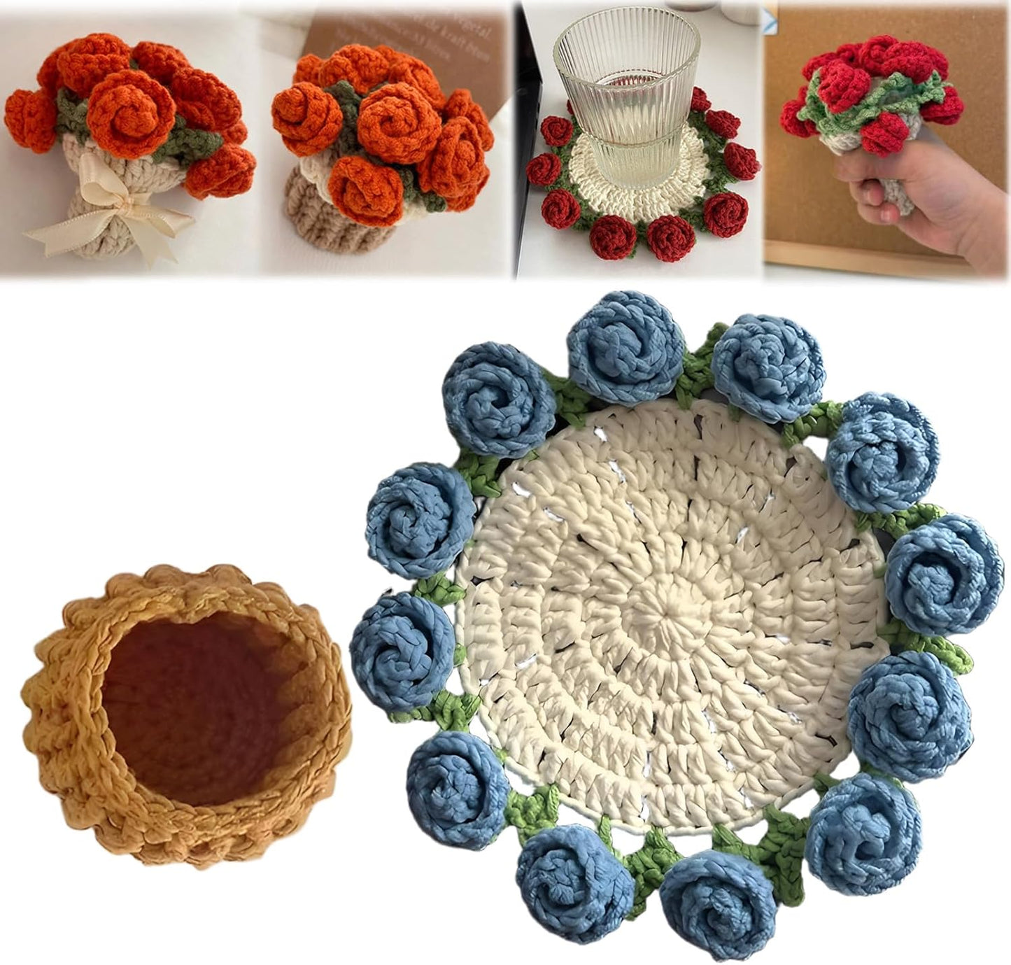 Crochet Flower Bouquet Blanket Coasters, Handmade Knitted Finished Rose Tabletop Potted Flowers,Crochet Rose Romantic Knitted Gift for Girls Mom for Birthday,Anniversary,Valentines,Home Decor,Blue