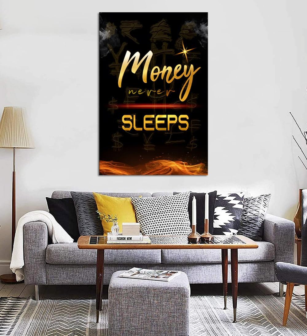 Black and White Golden Yellow Money Never Sleeps Positive Quotes Office Wall Art Framed Inspirational Artwork Living Room Bedroom Wall Decor Ready to Hang-24x36 inch