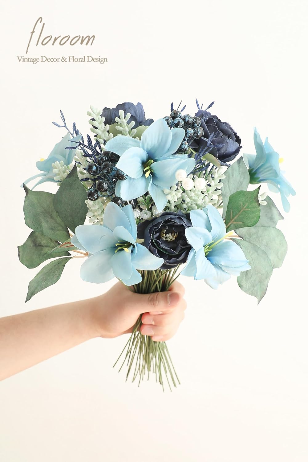 Floroom Artificial Greenery Stems Box Set, 59pcs with 8 Kinds of Faux Greenery Flowers Picks for DIY Bridal Bouquets Wedding Floral Arrangement Table Centerpieces, Navy & Dusty Blue