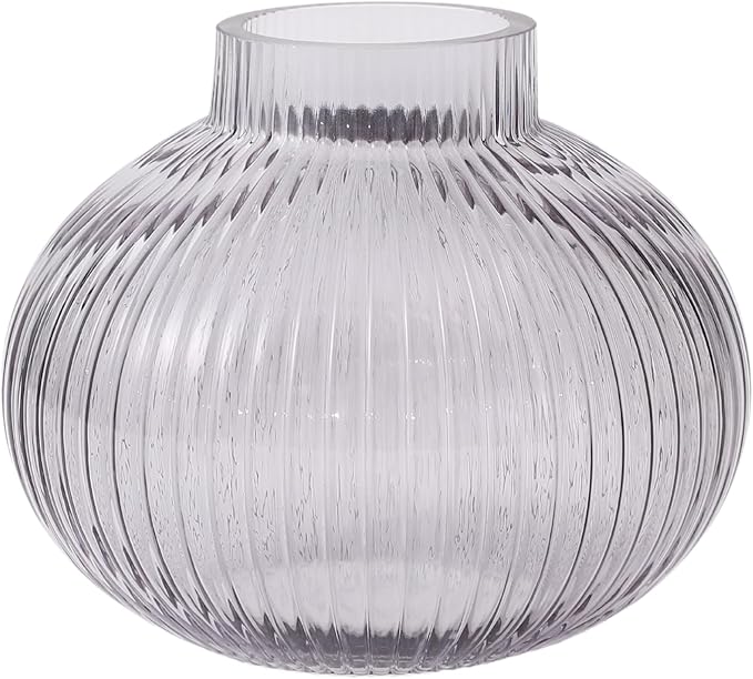 Black Glass Vase for Tulips, Ribbed Glass Vase for Flowers, Round Flower Vases, Small Short Vases for Living Room, Office, Coffee Table, Shelf, Wedding, 6 Inches