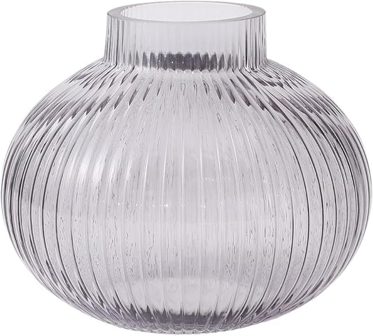 Black Glass Vase for Tulips, Ribbed Glass Vase for Flowers, Round Flower Vases, Small Short Vases for Living Room, Office, Coffee Table, Shelf, Wedding, 6 Inches