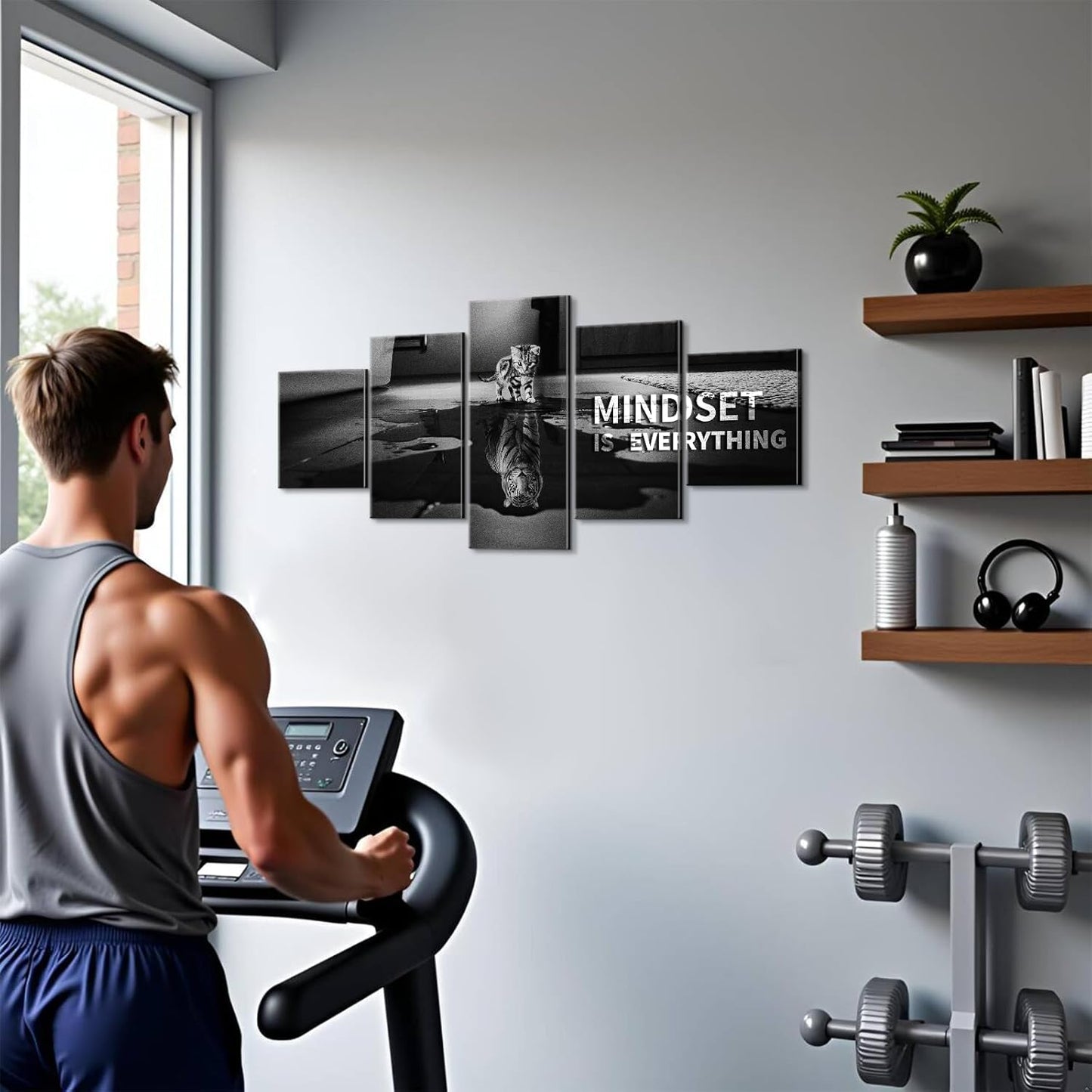 Mindset is Everything 5 Pieces Motivational Tiger Wall Art with Wooden Frame, Inspirational Quotes Poster for Office & Home Decor, Modern Motivational Wall Decor, Positive Office Art Canvas 60'' x 32''