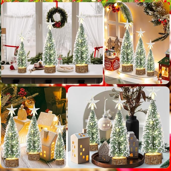 3Pcs Mini Christmas Tree for Table Decor Little Xmas Tree with LED Light for Table Centerpieces Tiny Bottle Brush Tree with White Snow for Home Indoor Tabletop Christmas Decoration
