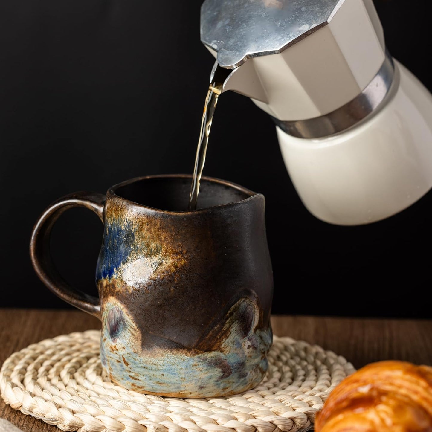 Handmade Ceramic Coffee Mugs, Mugs with Coffee Spoon, 11oz, Handmade Pottery Mug with Handle, Hand-painting, Unique Uneven Surface Tea cups, Dishwasher and Microwave Safe (Coffee Color)