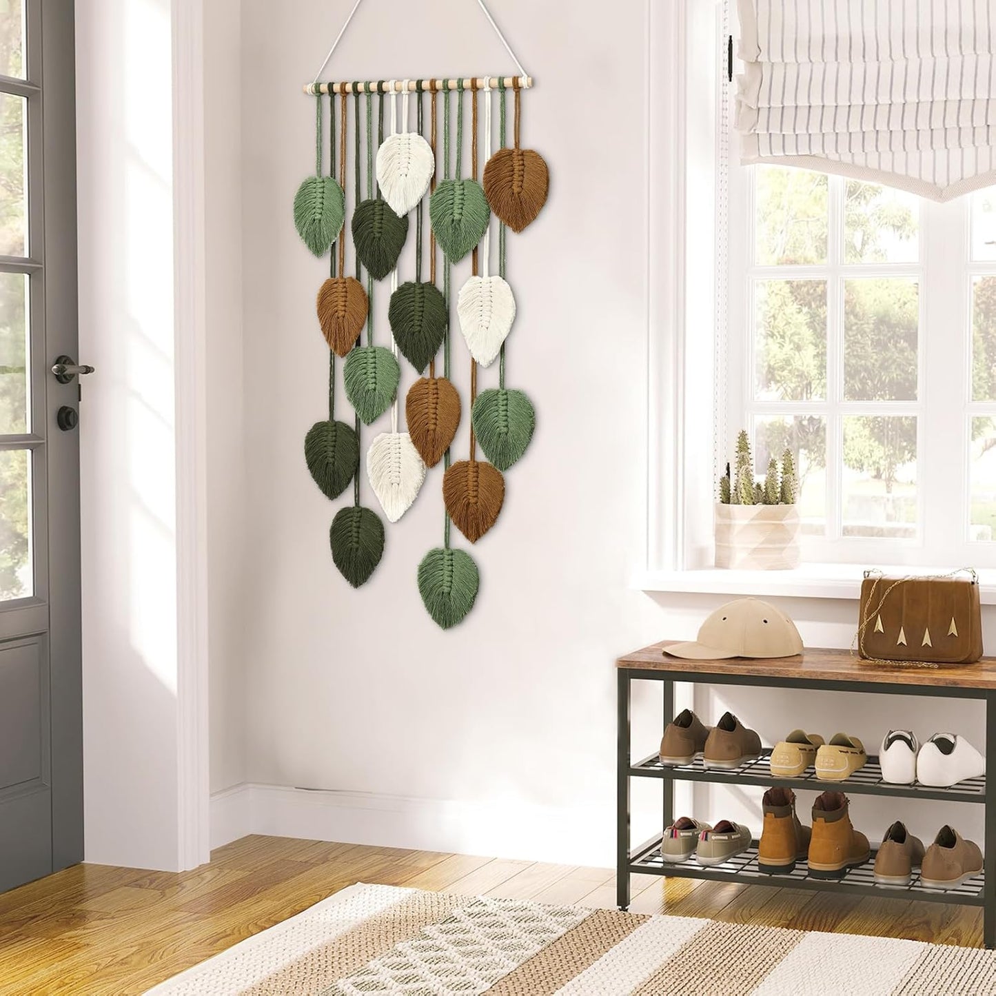 KHOYIME Vertical Macrame Wall Hanging Boho Home Decor, Long Narrow Chic Wall Art Bohemian Woven Leaves Tapestry Vintage Decorations for Front Door Indoor Entrance Living Room Bedroom 16.5"W x 37.5"L