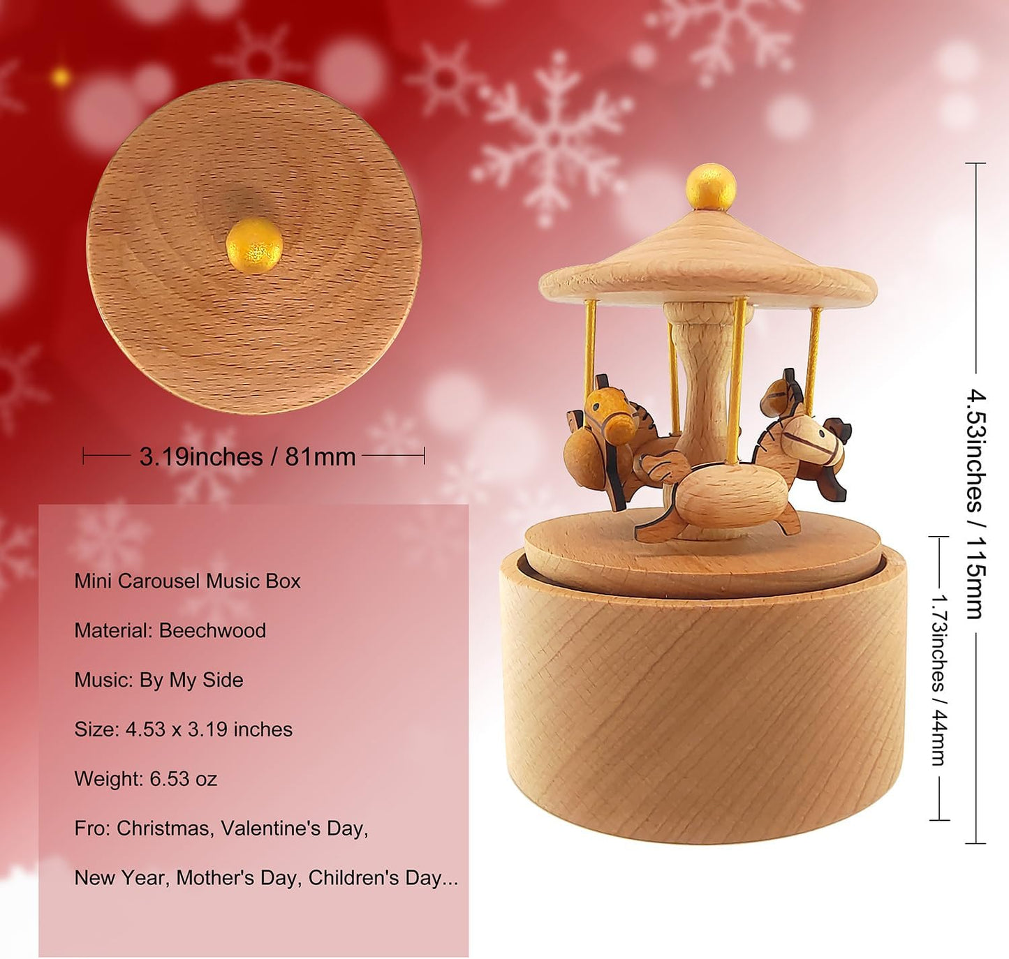 Mini Carousel Music Box, Palm Sized Carousel Music Box, Small Wooden Mechanical Music Box, for Friend Mother Grandmother