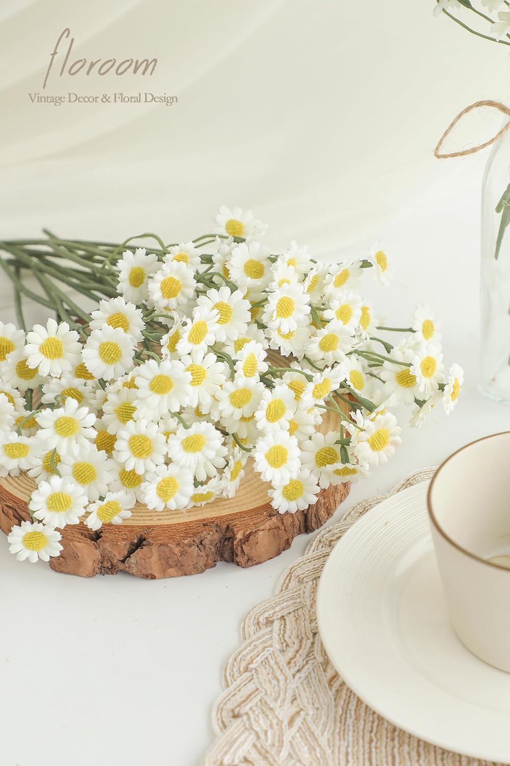 Floroom 24pcs Ivory Small Artificial Flowers Faux Silk Daisies Fake Wildflowers with Stems for DIY White Wedding Bouquets Floral Arrangements Party Decor Centerpieces Decorations (Vase Not Included)