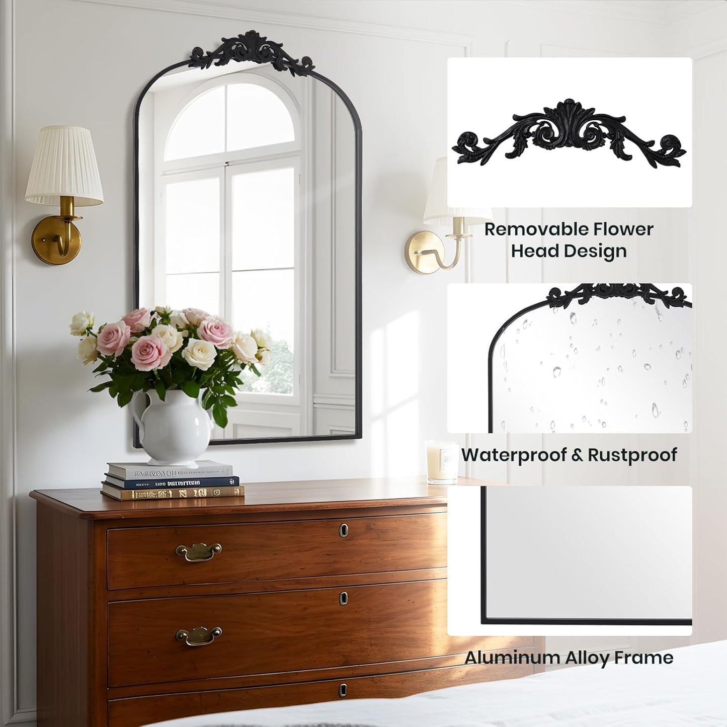 Filigree Arched Wall Mirror 22"x46" Retro Wall-Mounted Mirror with Vintage Ornate Carved Applique Hanging Leaning Antique Home Decor Mirror for Fireplace Living Room Entryway Hallway Bathroom, Black