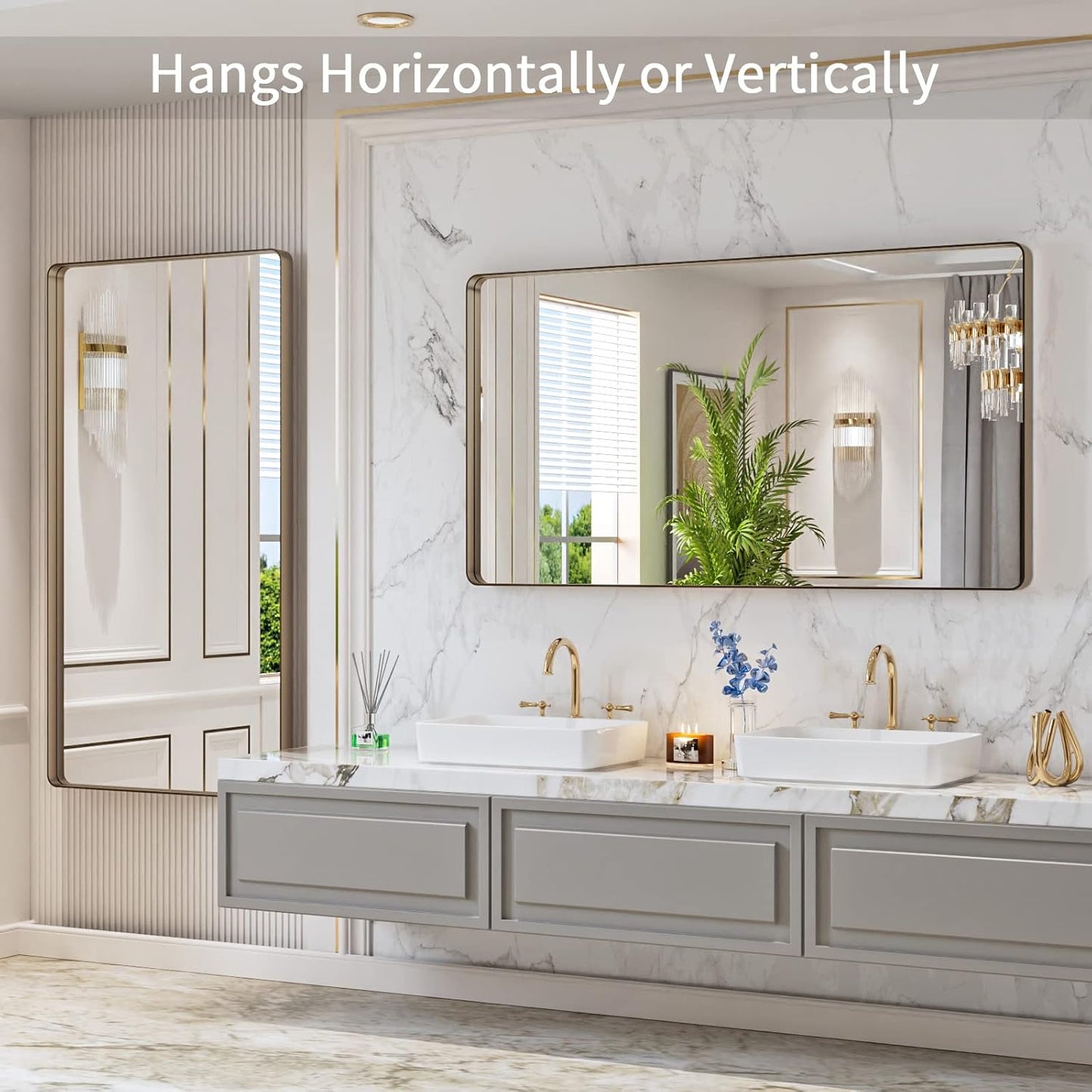 LOAAO 55”X30” Bronze Bathroom Mirrors for Vanity, Rounded Rectangle Brushed Bronze Metal Frame Mirror, Anti-Rust, Tempered Glass, Hangs Horizontally or Vertically