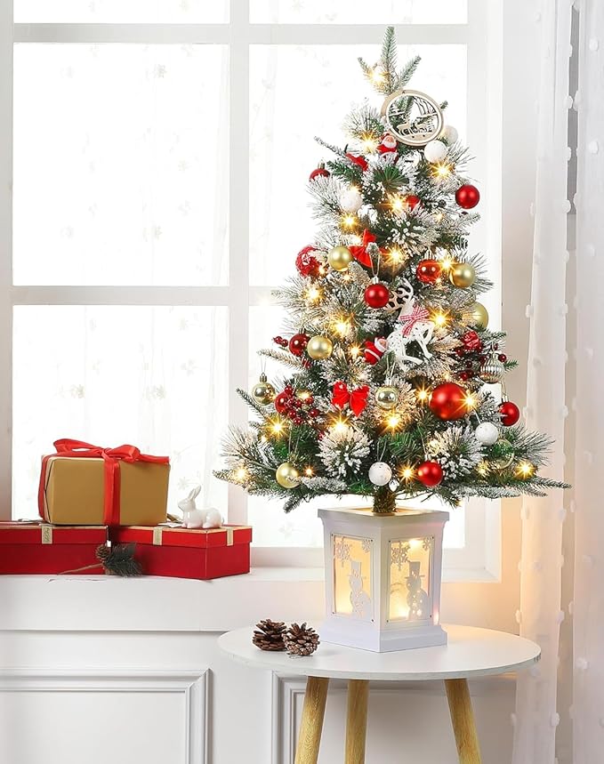 3 Ft Pre-Lit Christmas Tree, Artificial Christmas Trees with Lighting, Xmas Trees with 78 Led Lights, Christmas Decoration for Home, Office, Easy Assembly
