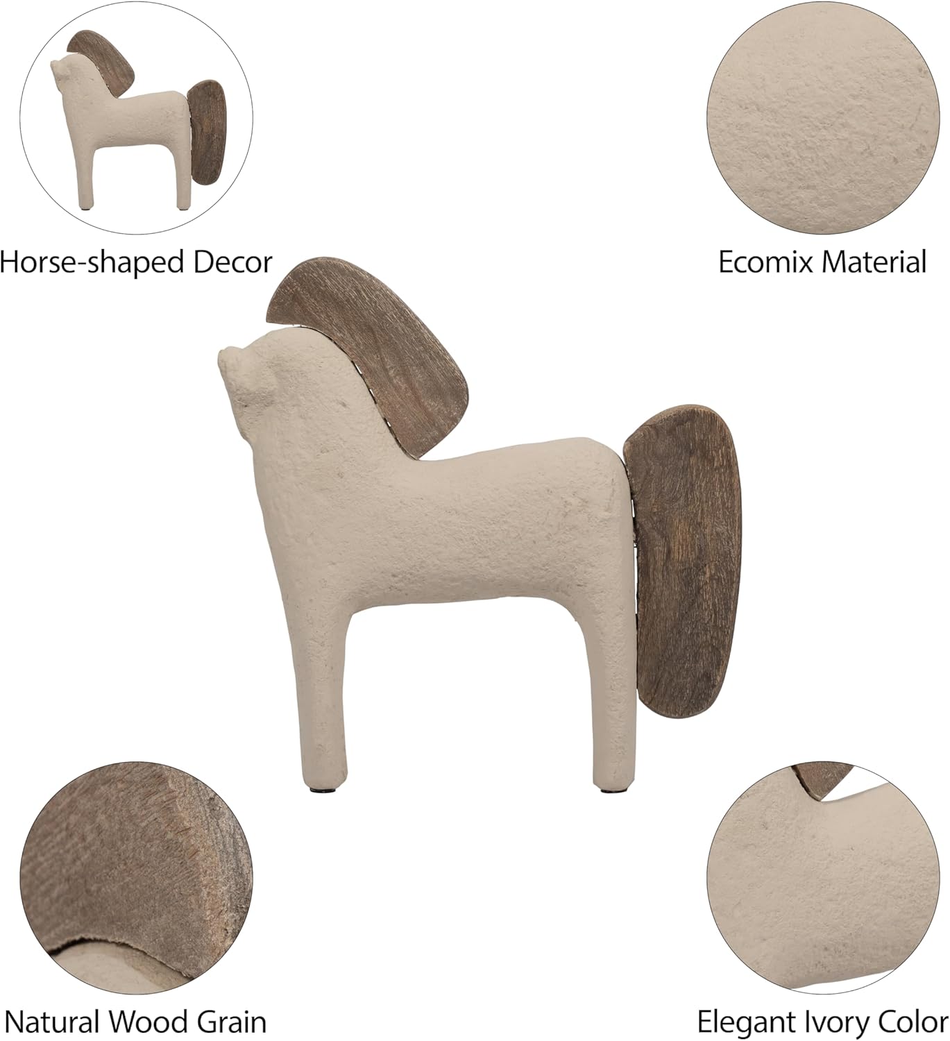 Ecomix Horse Figurine – Handcrafted Pottery and Mango Wood Decorative Accent for Shelf, Console, or Coffee Table Display, Casual Modern Living Room or Office Home Decor, 12", Ivory &Tan
