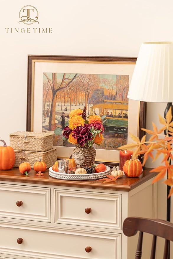 TINGE TIME Silk Fake Flowers Combo, Fake Foam Dahlia with Stems for DIY Wedding Bouquets Centerpieces Baby Shower Party Home Decorations(Burgundy & Burnt Orange)