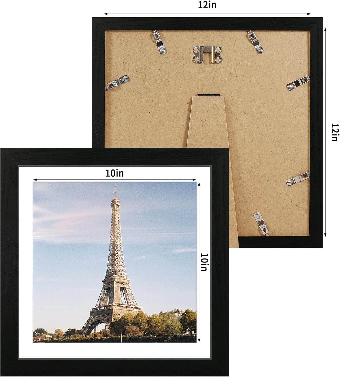 iRahmen 12x12 Picture Frame Set of 4 with Tempered Glass, Black Frame Display 10x10 Picture with Mat or 12 x 12 Without Mat, Wood Square Photo Frames for Desktop Display and Wall Mounting