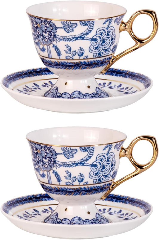 KAMMAK Tea Cups and Saucers Set of 2, Fine Bone China Coffee Cups, 8.5-Ounce Stackable Espresso Mugs, Ceramic Demitasse for Coffee, Cappuccino, Latte, Americano, Tea, Tall Navy