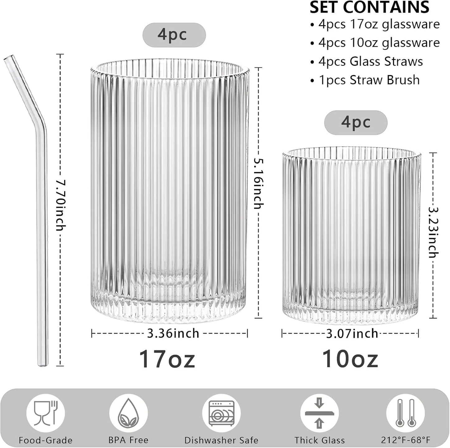 INSETLAN Set of 8 Ribbed Glassware - 4 Large Glasses 17 oz, 4 Rocks Glass Cups 10 oz, Vintage Glassware Cocktail Glasses, Ideal for Beer, Juice, Water, Ice Coffee Cup, Whiskey, Mixed Drinkware