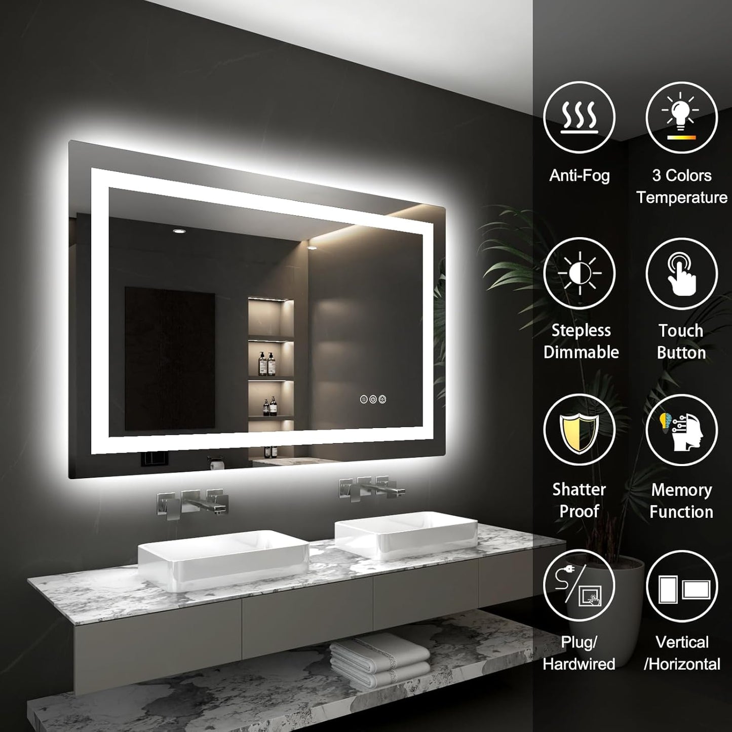 LED Mirror for Bathroom 48x30 Lighted Bathroom Vanity Mirrors with Lights, Brighter Frontlit and Backlit Anti-Fog Mirror, Tempered Glass, Dimmable 3 Colors Light Modes, Memory Function