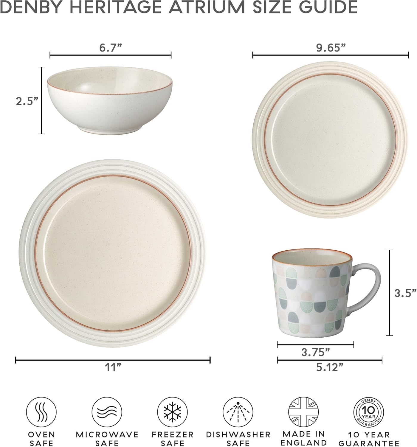 Denby - Heritage Atrium Dinner Plates Set of 4-10.8in Natural Style Ceramic Stoneware Tableware - Dishwasher & Microwave Safe - Scratch Resistant - Large Dinnerware, Lunch Plates For Everyday Use